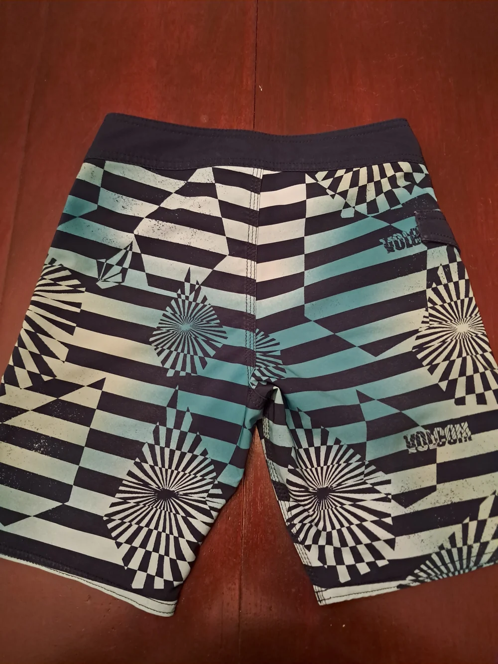 Volcom Men’s Teal and Black Geometric Stripe Board Shorts